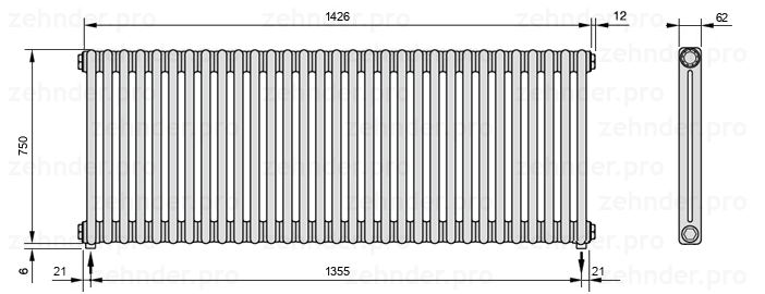 Схема (чертеж) Радиатор Zehnder Charleston 2075/31 №3570 Белый глянцевый RAL 9016
